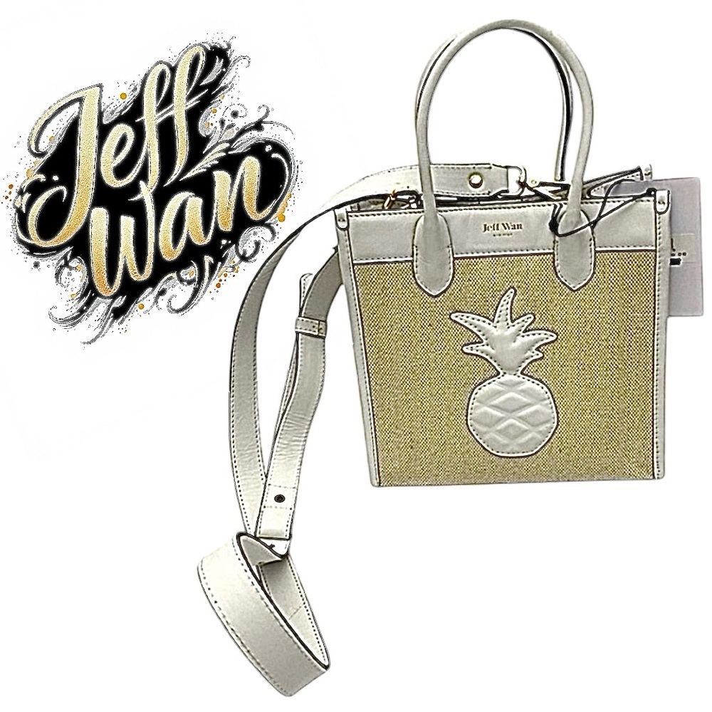 Jeff Wan Textile Tote Bag Quilted Leather Pineapple Crossbody Top Handle Beige
